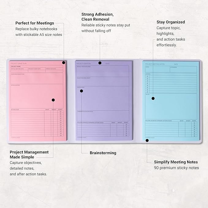Meeting Notebook for Work & Project Planner Kit for Men and Women – 90 Large Sticky Notes for Work Organization, Project Management, Business Professionals & Work Planners
