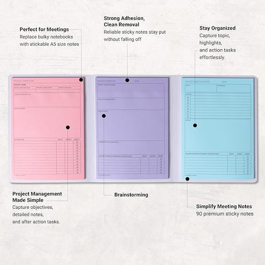 Meeting Notebook for Work & Project Planner Kit for Men and Women – 90 Large Sticky Notes for Work Organization, Project Management, Business Professionals & Work Planners