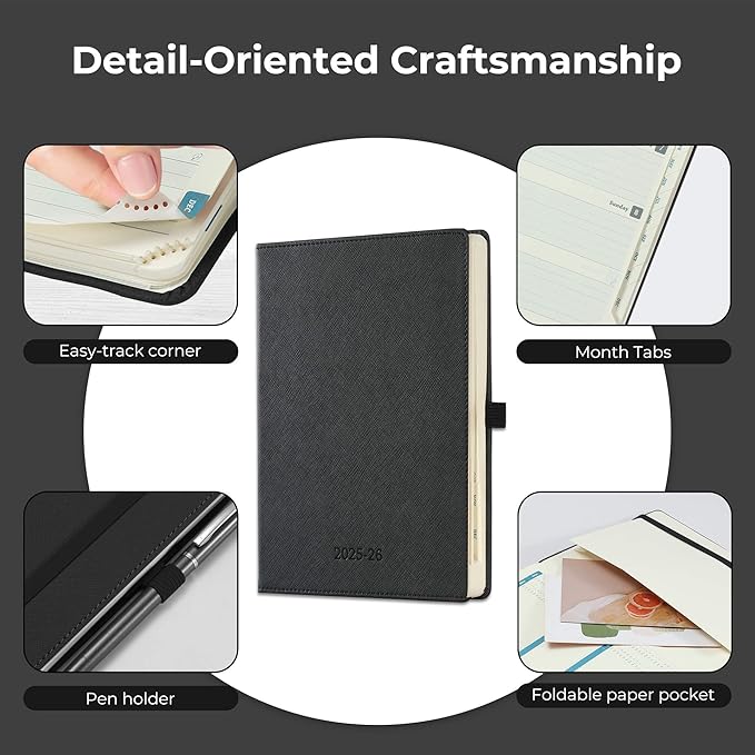 Weekly Monthly 2025-2026 Planner (July 25-Dec 26),8.5"x6.5",18 Months Agenda Plan with Month Tabs & Pocket,Expenses/Note Pages, Academic Calendar with Vegan Leather Cover,Black