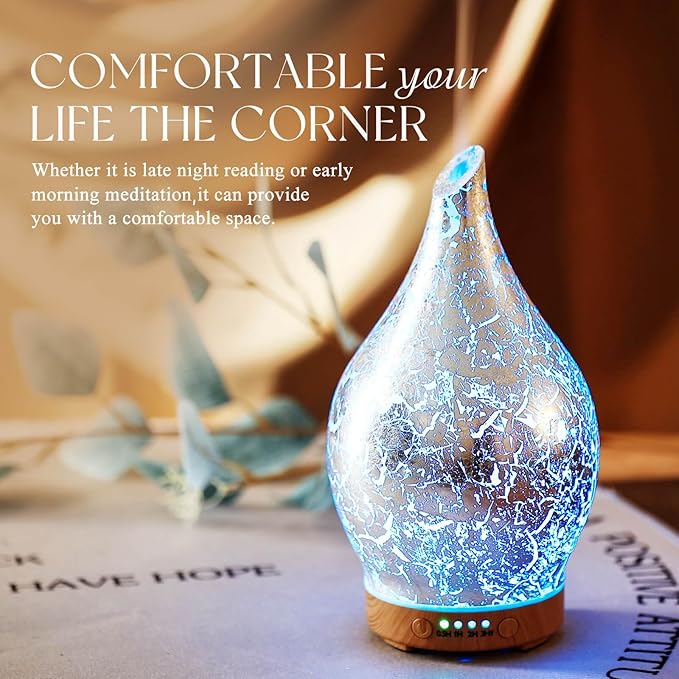 Porseme Essential Oil Diffuser Glass Aromatherapy Ultrasonic Humidifier, Air Refresh Auto Shut-Off, Timer Setting, BPA Free for Home Hotel Yoga Leisure SPA Gift 150ml Last 6H