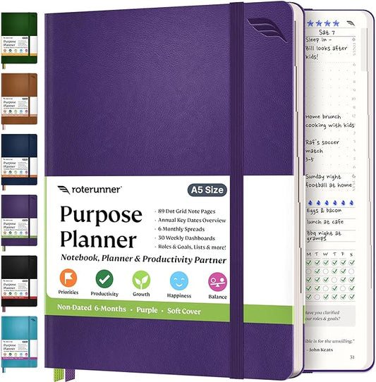 Roterunner Purpose Planner Notebook A5 5.8”x8.3” Undated 2025 Daily Weekly and Monthly Productivity Goal Setting Tool for Work Home ADHD Planner for Adults Self Care Journal (Purple Softcover)