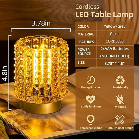 Battery Operated Lamp with Timer, Mini Crystal Table Lamps for Home Decor, Small Cordless Lamp for Areas No Outlets, Glass Battery Powered Lamps for Entryway, Bedroom, Bathroom, Shelf, Corner(Yellow)
