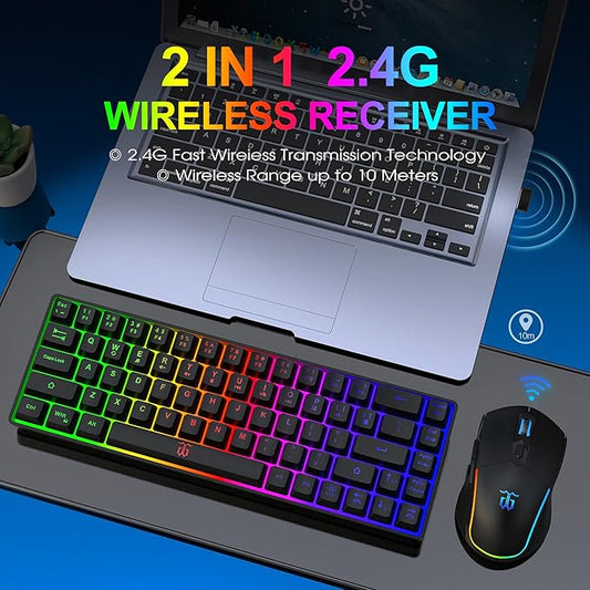 Snpurdiri 60% Wireless Gaming Keyboard and Mouse Combo,LED Backlit Rechargeable 2000mAh Battery,Small Membrane But Mechanical Feel Keyboard + Popular RGB Mice for Gaming,Business Office