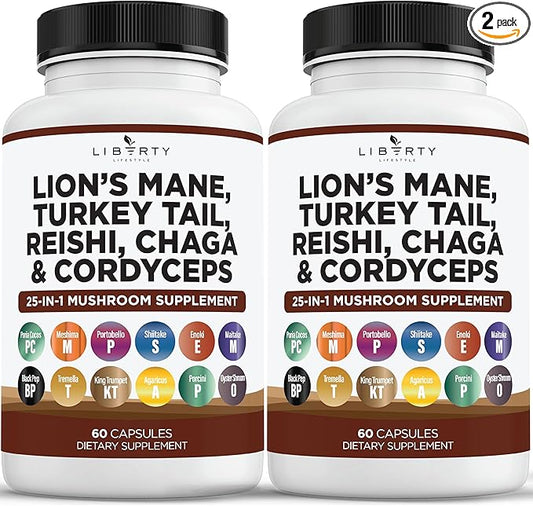Lions Mane Mushroom Supplement with Turkey Tail Reishi Cordyceps Chaga with Marshmallow Root - 2-Pack