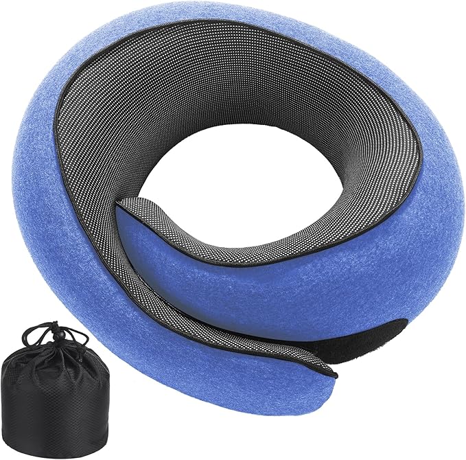 Badink® Neck Pillow Memory Foam with MagicStrap – Adjustable Ergonomic Travel Pillow for Office/Airplane/Car, Washable Cover, Portable Cervical Support(Klein Blue)