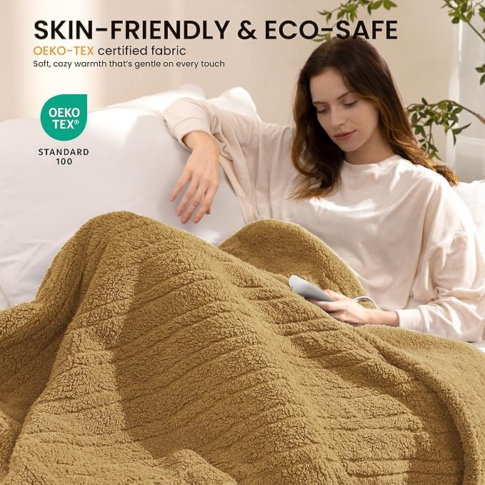 Electric Heated Blanket King 90x100 inches, Fast Heating w/ 10 Heat Settings & 2/4/8/10H Auto Timer, Double-Sided Sherpa, Ultra Soft & Cozy for Couch, Bed, Office, Machine Washable, Camel