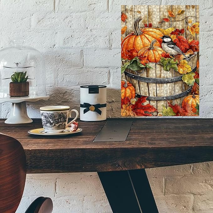 1000 Piece Wooden Puzzle Jigsaw Fall Pumpkin Chickadee Puzzle Adults Humorous Challenge for Stress Relief & Brain Fun 29.5x19.7 Inch