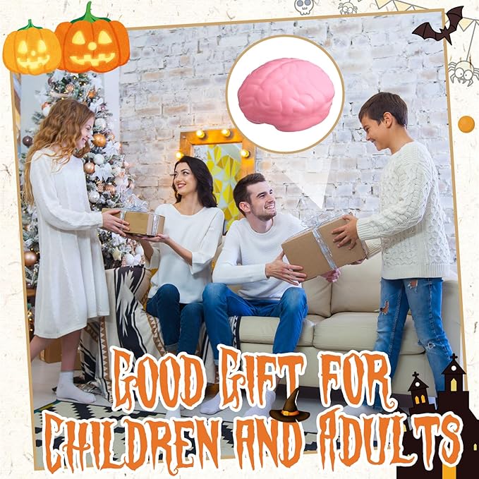 Leitee 12 Pcs Brain Stress Balls Bulk Large Halloween Brain Toys PU Hand Muscle Exercise Pressure Ball Funny Stress Relief Toy for Teens Adult Improving Grip Strength Prop(Pink)