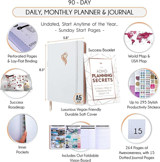 ADHD - A Self Care Personal Gratitude Journal to Increase Productivity and Success in Life & Work, Weekly & Monthly Undated Planner for Women and Men, Vision Board & Organizer + Stickers