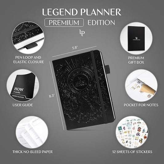 Legend Weekly Planner Premium – Undated Weekly, Monthly & Budget Planner – Life Organizer for Time Management & Productivity, A5 (Black, New Cover)