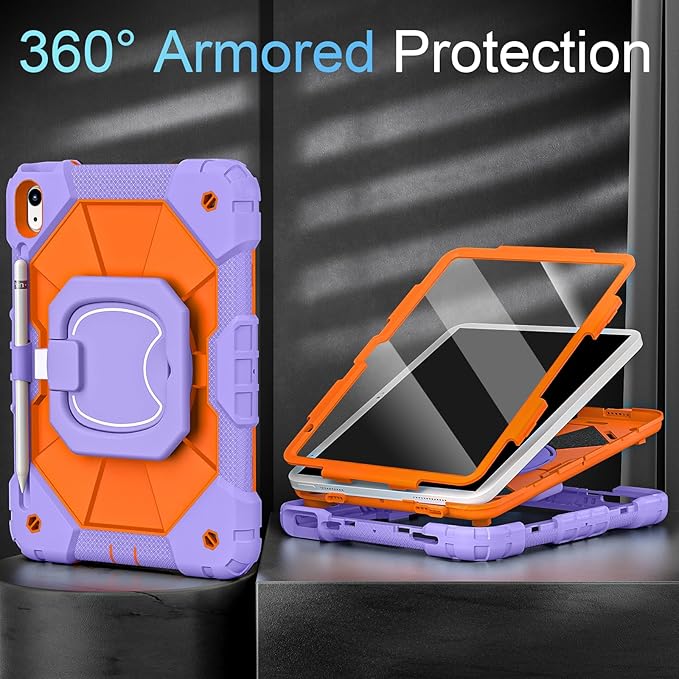Case for iPad (A16) 11th/10th Generation 2025/2022,Kids Friendly 10th Gen iPad Case with Screen Protector 360° Rotating Stand,Heavy Duty Shockproof Cover for i Pad 11.0/10.9,Purple Orange