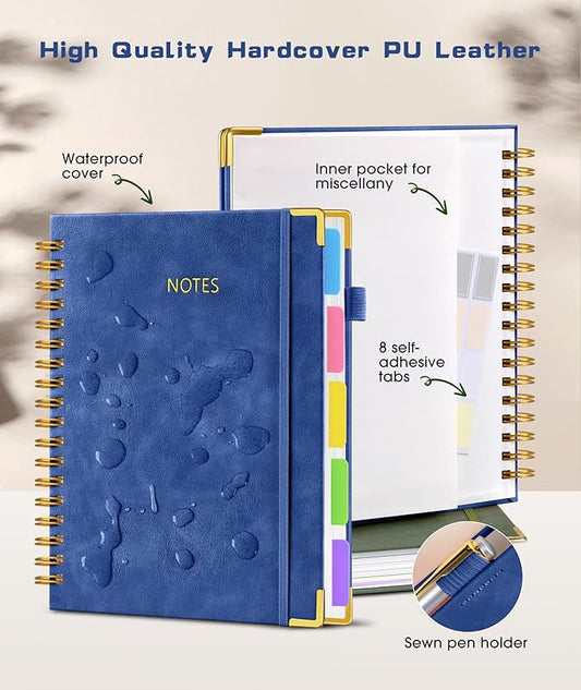Hardcover Spiral Notebook journal with Removable Dividers Tabs, 300 Pages Leather 5 Subject Notebook College Ruled, 8"x10" Large B5 Notebooks for Work School Note taking, Lined Journal for Women,Navy
