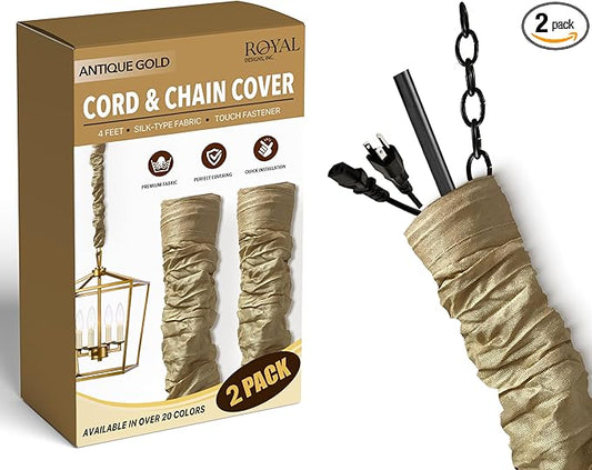 Royal Designs, Inc. Cord & Chain Cover 4 ft Silk Type Fabric, Chandelier Pendant Lighting Chain & Cable Management, Touch Fastener, Antique Gold - 2 Pack