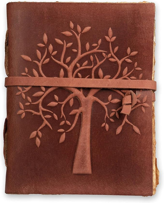 LEATHER VILLAGE Tree of Life Journal - 13 X 8 inches - Red Brown - 200 Antique Deckle Edge Handmade Paper – Book of Shadows - Vintage Leather Bound Journal for Women & Men