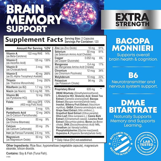 Brain Memory Supplement Pills - Nootropics Support for Concentration, Clarity, Alertness & Focus - Brain Health with Bacopa, Cognitive Vitamins, Phosphatidylserine, DMAE - Brain Booster - 240 Capsules