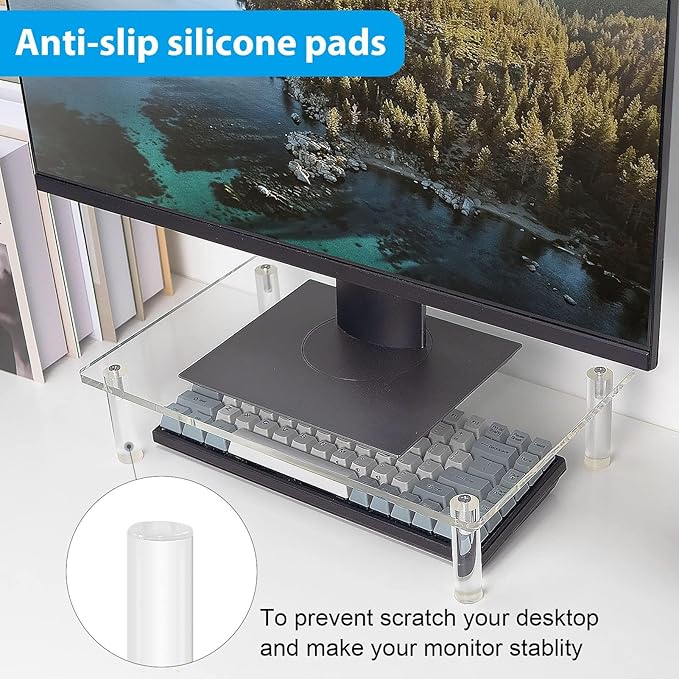 Sumerflos Clear Acrylic Monitor Laptop Stand, Sturdy and Save Space Computer Laptop Monitor Riser Stand for Home Office Desktop Universal Stand with Anti-Slip Pads