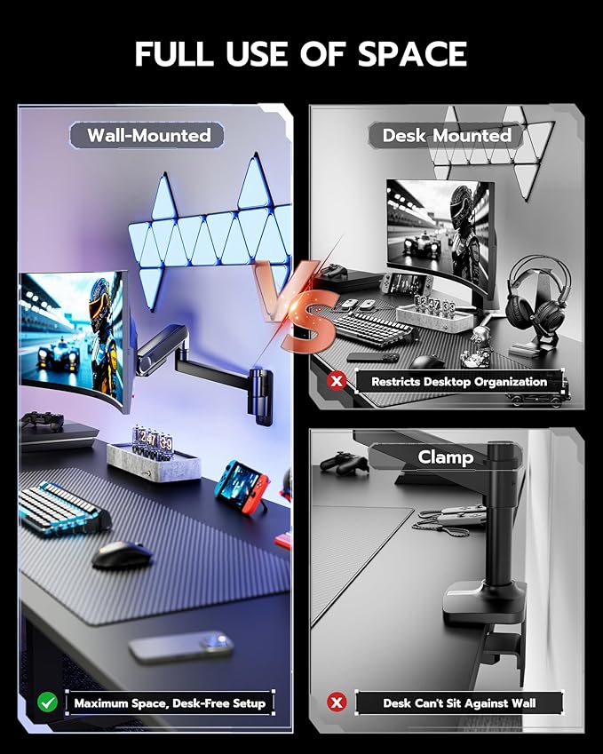 ARES WING Monitor Wall Mount for 24-57 Inch Ultrawide Gaming Screens, Premium Heavy Duty Monitor Arm Holds 60 lbs, Full Motion Gas Spring, Bearing Head for Easy Adjustment, 75/100 VESA Mount, Black