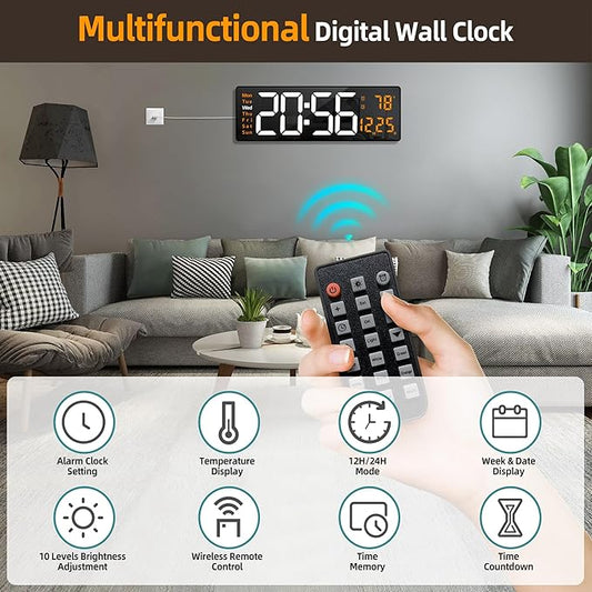 LEIKE 16.2'' Large Digital Wall Clock with Remote Control, Big LED/Dual Alarm/Auto Brightness/Date/DST/Temperature/Night Light Gym Clocks for Living Room Bedroom Office Classroom Wall Decor