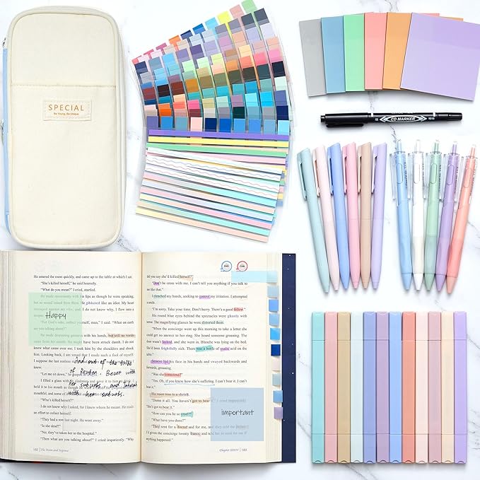 135 Pcs Book Annotation Kit Aesthetic Pencil Case Bag with 12 Highlighter 11 Gel Pen 1 Marker 300 Sheets Transparent Sticky Notes Pads 2640 Index Tabs Bible Study Supplies for School Gift(Light Blue)