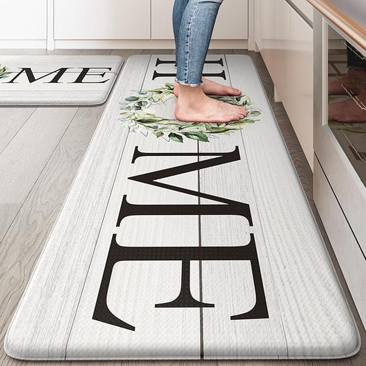 KIMODE Anti Fatigue Kitchen Mats for Floor, Farmhouse Kitchen Rugs Sets of 2, Cushioned Kitchen Floor Mats, Comfort Standing Mats for Sink, Laundry, Office, Desk White 20"x47"+20"x32"