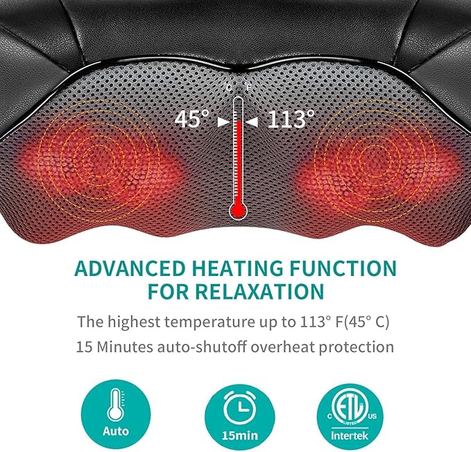 Nekteck Shiatsu Neck Massager for Pain Relief Deep Tissue with Heat, 3D Kneading Massage Pillow Back Shoulder Massagerfor Body Muscle, Plug-in Use for Home Office Car, Gifts for Mom Dad Him Her