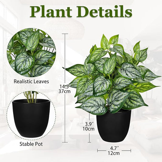 14.5" Artificial Plants Indoor Home Decor, Fake Potted Silk Plants for Shelves Living Room Decorative, Small Artificial Office Desk Plant in Pots, Faux Potted Greenery Tropical House Plant