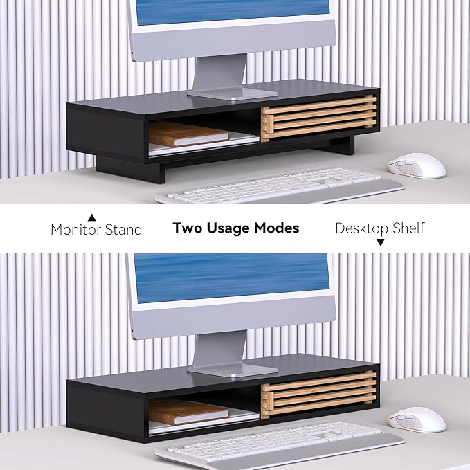 Monitor Stand Riser with Sliding Door, Computer Laptop Stand Desk Shelf Organizer with Storage (Black + Natural Bamboo, 25 Inch)