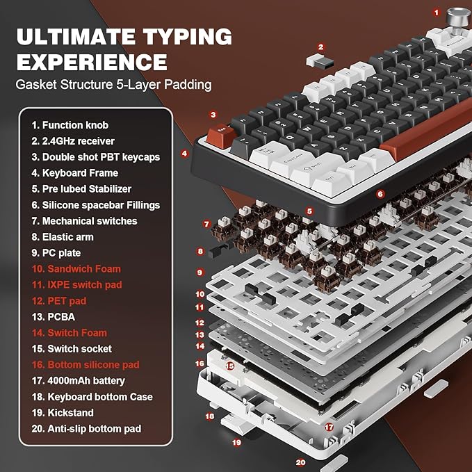 YUNZII B75 PRO Wireless Mechanical Keyboard,75% Layout with Knob,Hot Swap Gasket Custom Structure,Creamy Pre-lubed Switches,RGB Backlit,Bluetooth/Type-C/2.4G for Win/Mac(Cocoa Cream V2 Switch,Black)