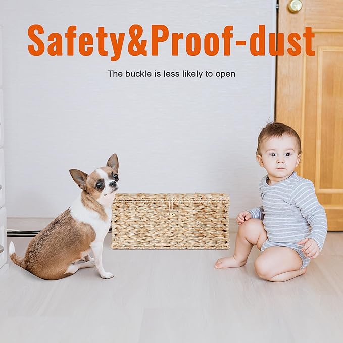 Posprica Cable Management Box with Lid, 2 Pack Handwoven Faux Ratten Cord Hider Organizer Boxes, 2 Side Open Slots Storage Box to Hide Cords and Power Strip for Desk, Floor, Office