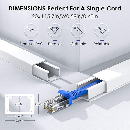 Delamu Cable Hider, 315in Cord Covers for Wires on Wall, One-Cord Cord Hider, Paintable Wire Hiders Wire Covers for Cords, Cable Management for Hiding 1-2 Small Wires, 20x L15.7 W0.59 H0.40in, White