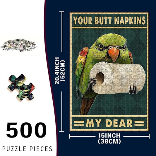 500 Piece Wooden Parrot Jigsaw Puzzle Your Butt Napkins My Dear Adults & Kids Difficult Challenge for Relaxation Focus & Family Entertainment 20.4x15 Inch