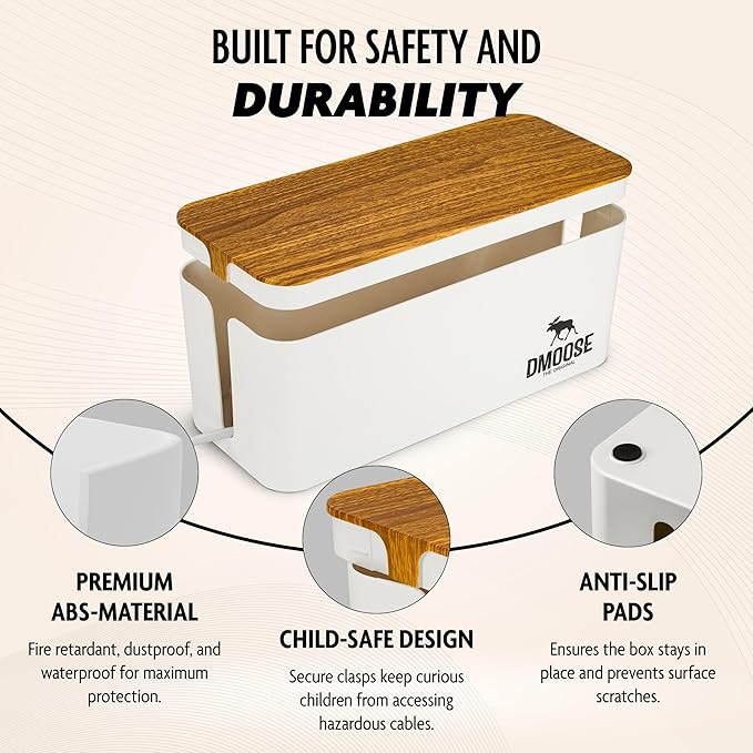 DMoose Cable Management Box - 2 Pack Medium & Large Cord Organizer for Desk & Floor, Cable Organizer Box for Child & Pet - Cable Box Hider for Tidy Office & Home (Wood Print Lid, White Box, Pack of 2)