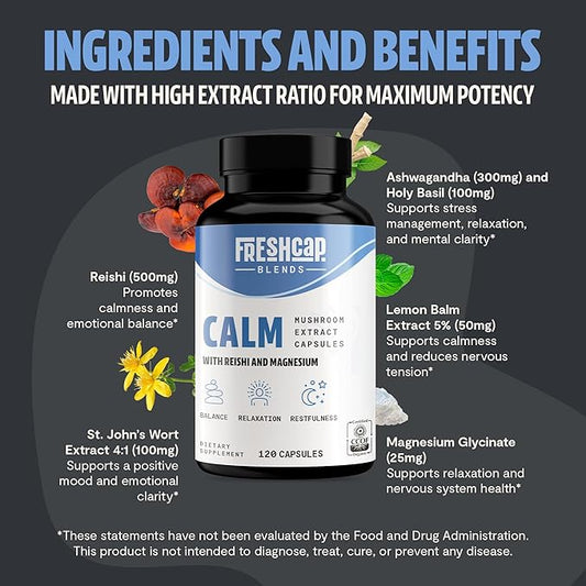 FreshCap Calm for Adults - Calm w/Reishi, Ashwagandha, St. John’s Wort, Lemon Balm, Magnesium - Balance, Relaxation & Emotional Stability -Ayurveda Daily Mushroom Supplement, Vegan - 60 Count