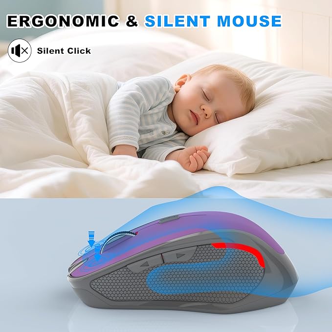 Bluetooth Wireless Computer Mouse, 2.4G Rechargeable Small Ergonomic Optical Mouse Jiggler for Office/Home with Forward/Back Buttons & USB-C/USB-A for Laptop, Desktop, PC, Mac, MacBook - Purple