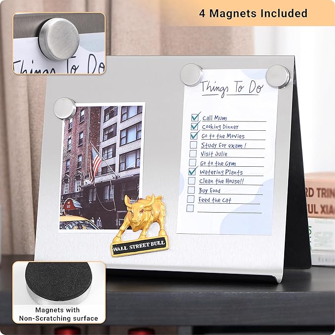 Large Magnetic Bulletin Board – Dry Erase Memo Board with Stand – Tabletop Metal Easel for Magnet Display – 12x10 Inches + 4 Magnets