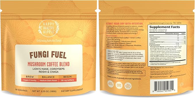 Mushroom Coffee with 125mg Caffeine – Lion’s Mane, Cordyceps, Reishi & Chaga | Adaptogen Nootropic Instant Mushroom Coffee for Energy & Focus | Medium-Dark Roast, Vegan, No Sugar – 30 Servings
