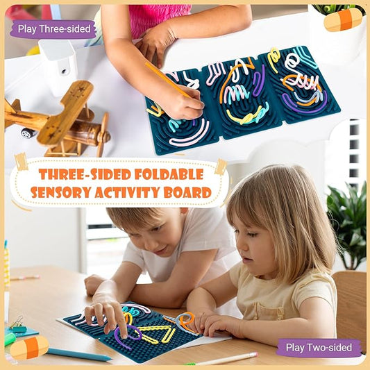 Sensory Activity Board, Six-Sided Silicone Sensory Fidget Toy with 40 Strings for Autism, Stress Relief, Calming, Focus & ADHD, Great for Kids 3+ & Adults with User Guide & Portable Travel Bag