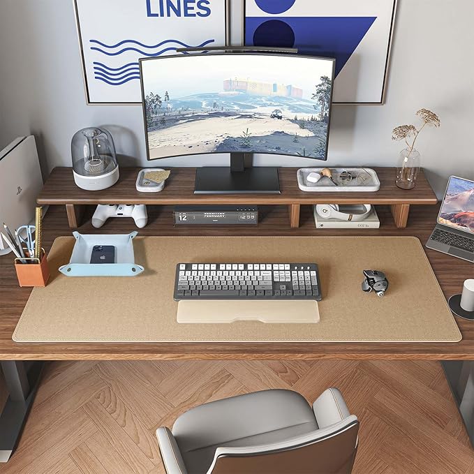 DAWNTREES Dual Sided Desk Mat,Leather Desk Pad,Cork Desk Mat Protector,with PU Leather Valet Tray Organizer,Large Mouse Pad,Desk Writing Pad for Office and Home(Light Blue 31.5"x15.8")