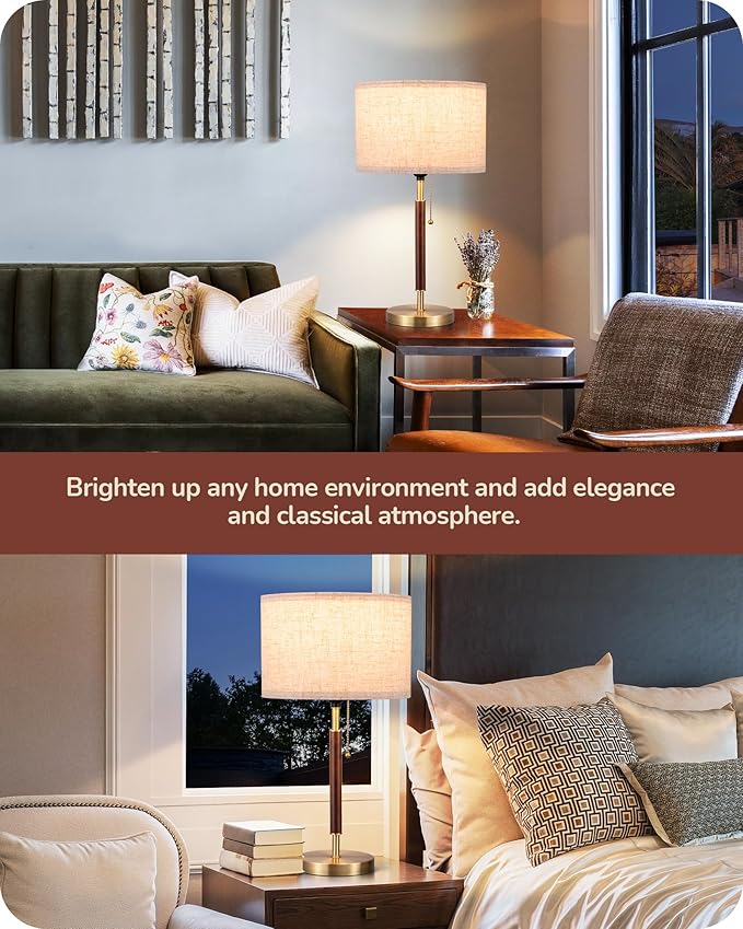 EDISHINE Mid Century Table Lamp, Bedside Lamp with Pull Chain Switch, Solid Wood & Metal Pole, Modern Nightstand Table Lamp for Living Room, Bedroom, Office, Frosted Bronze & Wood Finish