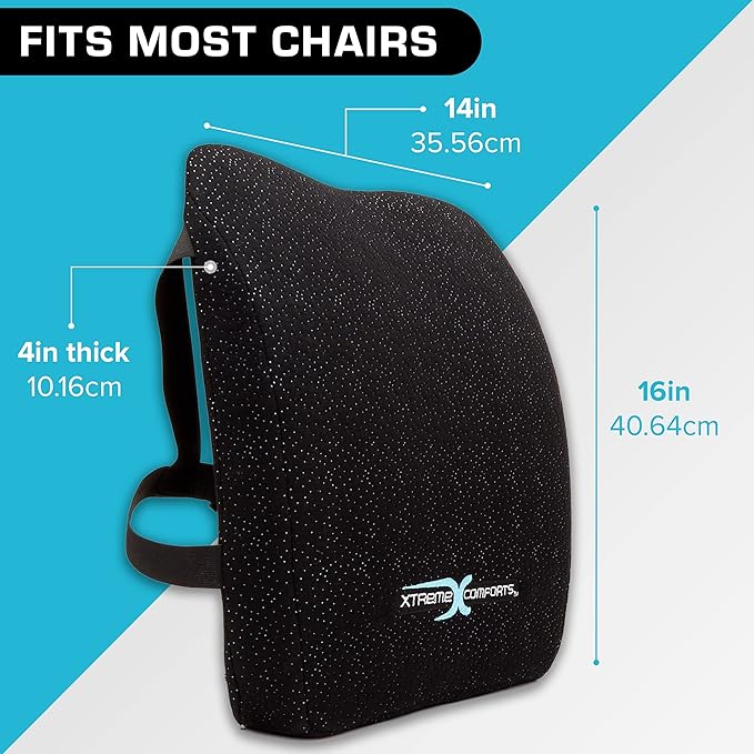 Xtreme Comforts Lumbar Back Support Pillow for Office Chair Cushion, House Chair Cushions, & Car Truck Seat - Memory Foam Office Chair Back Support w/Adjustable Strap - Help Improve Sitting Posture