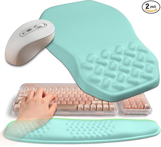 2-in-1 Ergonomic Set, Wave Keyboard Wrist Rest and Massage Slope Mouse Pad Wrist Support, Rebound Memory Foam for Relieve Carpal Tunnel Syndrome and Wrist Pain (Light Blue)