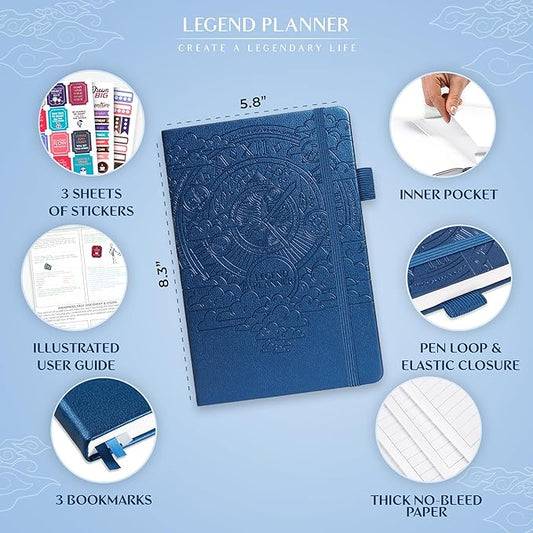 Legend Planner Hourly Schedule Edition – Deluxe Weekly & Daily Organizer with Time Slots. Time Management Appointment Book Journal for Work & Personal Life, Undated, A5 Hardcover – Blue Debossed