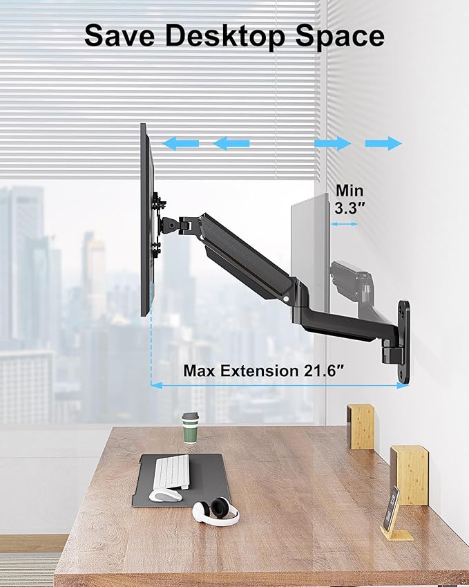 Monitor Wall Mount Fits Max 35 Inch/26.4lbs Computer Screen, Ultrawide Premium Single Arm, Full Motion Gas Spring Wall Monitor Mount with VESA Extension Kit for Max VESA 200x200mm