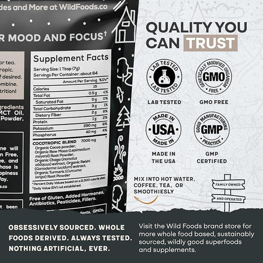 Organic Cocotropic Mushroom Hot Cocoa - Mushroom Coffee Alternative | Sugar Free Hot Chocolate | Organic Cocoa Powder, Reishi Mushrooms, Chaga, Maca Root, Turmeric | Delicious Sustained Focus, Energy & Mood Without Jitters | 16oz