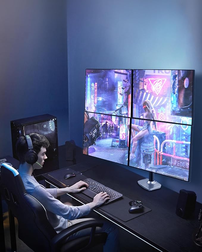 Quad Monitor Mount, Holds Screens up to 40 Inches and 25 lbs, Fully Adjustable 4 Monitor Mount with C-Clamp and Grommet Base, Aluminum, Silver