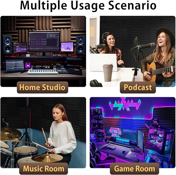 12 Pack Acoustic Foam Panels – 12" x 12" x 2" Self-Adhesive Wedge Soundproof Wall Panels, High Density & Fire-Resistant Foam for Studio, Home, Office Walls