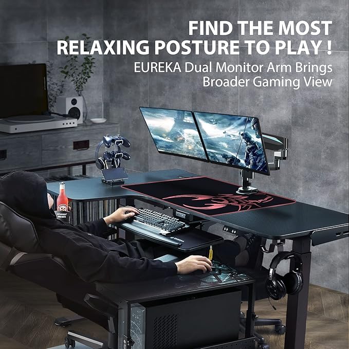 EUREKA ERGONOMIC Dual Monitor Stand, Fully Adjustable Gas Spring Double Monitor Arms for PC Computer Screen 13 to 32 inch up to 17.6 LBS W VESA 75x75mm,100x100mm C Clamp Grommet Base, Black