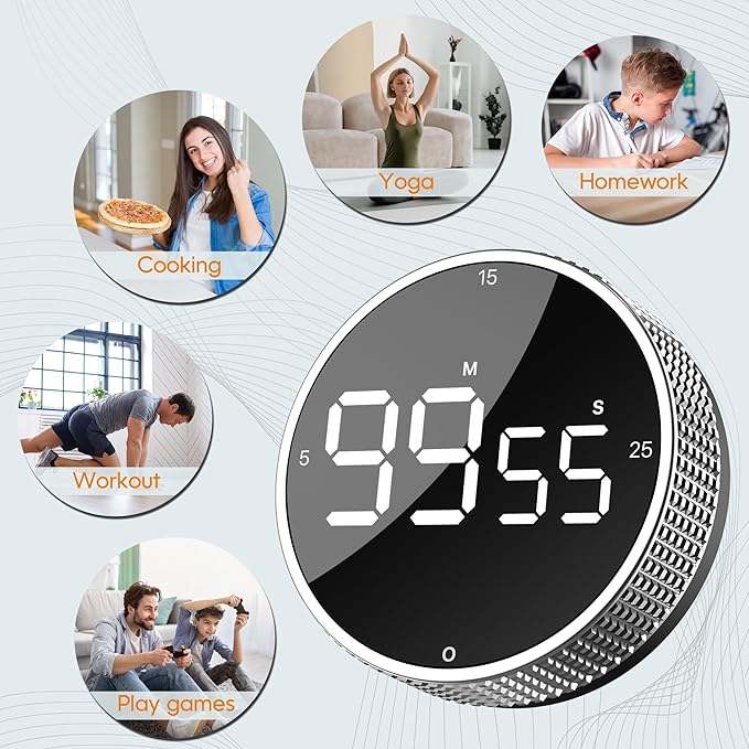 Upgrade Digital Kitchen Timer - Magnetic Countdown Countup Visual Pomodoro Timer with Large LED Display, 3-Preset Times (5, 15, 25), 3 Volume Levels, Ideal for Cooking, Baking and Fitness (1, Silver)
