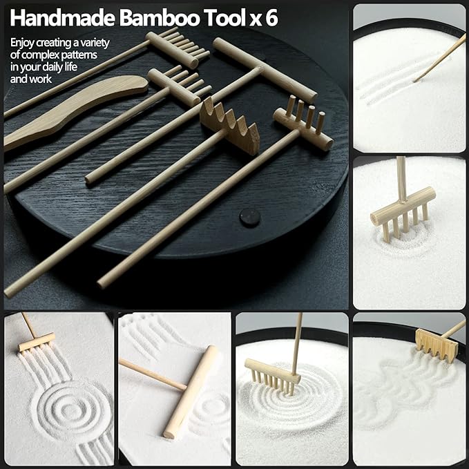 Zen Garden for Desk Japanese Zen Garden Kit 8 Inch Large Round with 6 Sand Rake and Accessories Tray Mini Desktop Zen Decor for Home Office Gift Therapy Relaxation Meditation