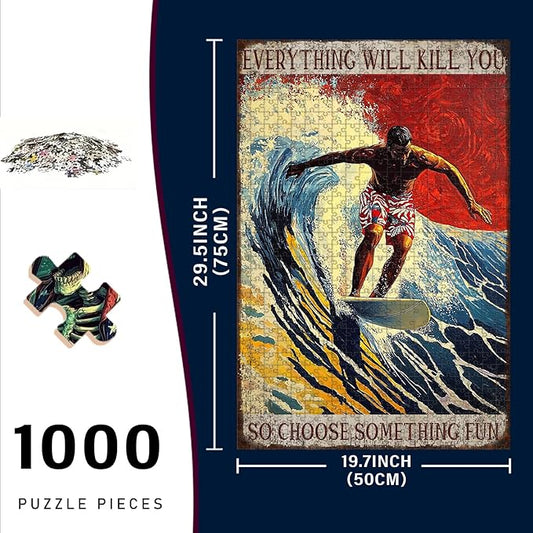 1000 Piece Surfing Metal Plaque Choose Something Fun Rustic Tin Sign Vintage Coastal Wall Art Retro Iron Poster for Ocean Lovers Beach Bar Decor 29.5x19.7 Inch